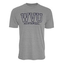 Heather grey WVU short sleeve tee with an outlined WVU over Mountaineers distressed full front screen print