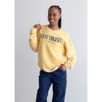 Gold corded chickad WVU crew sweatshirt with large navy West Virginia script over navy Mountaineers in small cursive print.