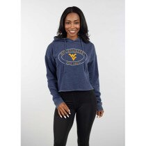 Navy chickad WVU hoodie with white double oval design featuring Mountaineers and the Flying WV in gold as the chest graphic.