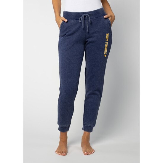 Navy Chickad WVU sweatpants with gold West Virginia and a Flying WV on the left thigh right below the pocket