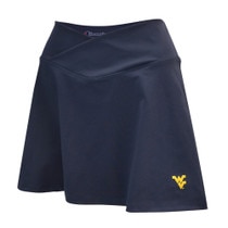 Navy WVU skort with gold Flying WV on lower left side of the skirt