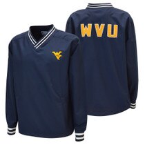 Front and back of the navy WVU scout jacket with the Flying WV Logo embroidery at left chest and West Virginia applique across back shoulders