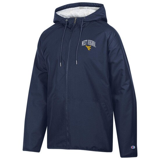 Navy WVU full zip heavyweight jacket with a left chest embroidery West Virginia arched over the Flying WV Logo