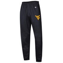 Black WVU sweatpants with a Flying WV Logo screen print at upper left leg