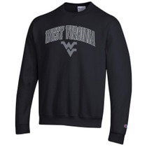 Black Champion WVU crew sweatshirt with arched West Virginia over the Flying WV in grey as the chest graphic