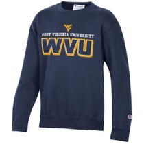 Navy WVU crew sweatshirt with a full front screen print featuring the Flying WV Logo over West Virginia University over WVU