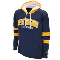 Navy WVU hoodie with West Virginia applique over embroidered Mountaineers on the chest and gold and white stripes on the sleeves and a white hood lining.