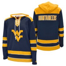 Front and back of a navy WVU hoodie with a large gold Flying WV full front screenprint, Mountaineers applique on the back, and retro-inspired colorblocking and striping at sleeves and hem