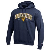 Navy WVU hoodie with Mountaineers in white with a gold outline over a gold Flying WV that is between Est. and 1867.