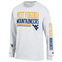 White WVU long sleeve tee with gold West Virginia over navy Mountaineers over a navy Flying WV on the chest, gold West Virginia and navy Mountaineers on left sleeve, navy Flying WV on right sleeve.