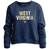 Navy WVU women's crew sweatshirt with West Virginia printed in iridescent foil over a gold Flying WV.