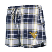 Navy white and gold plaid women's WVU shorts with a Flying WV Logo embroidery on lower left leg