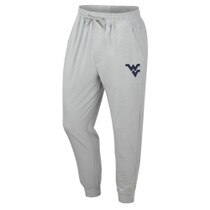 Ash grey WVU joggers with a Flying WV Logo lightweight rubberized print below left pocket