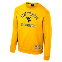 Gold WVU crew sweatshirt with West Virginia arched over the Flying WV Logo over Mountaineers tackle twill embroidery as the chest graphic