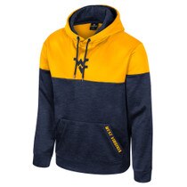 Navy and gold color-blocked WVU hoodie with a Flying WV on the chest and West Virginia on the edge of the kangaroo pocket.