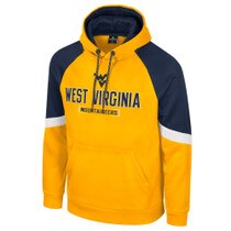 Gold WVU hoodie with navy hood lining and sleeve inserts and Flying WV Logo over West Virginia over Mountaineers lightweight rubberized print on front