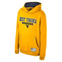 Gold youth WVU hoodie with a West Virginia tackle twill applique above Mountaineers and the Flying WV Logo embroidery on front