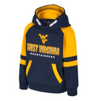 Navy WVU toddler hoodie with gold sleeve color-blocking and Flying WV over West Virginia over Mountaineers full front screen print