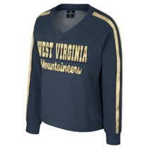 Navy WVU women's crew sweatshirt with a WVU Mountaineers gold foil and glitter full front print and gold twill taping down sleeves