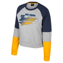 Grey WVU girl's sweatshirt with navy and gold cut and sew color-blocking on sleeves and WVU Mountaineers washed out print with sparkling stud overlay as the chest graphic