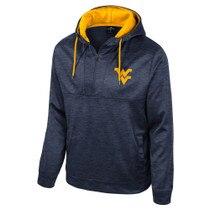 Navy WVU half zip hoodie with a Flying WV lightweight rubberized print at left chest