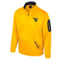 Front of a gold half zip pullover Flying WV in rubberized print at left chest and Mountaineers printed at left side of the kangaroo pocket