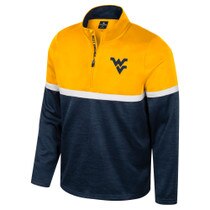 Gold and navy WVU quarter zip pullover with a Flying WV Logo lightweight rubberized print at left chest West Virginia print on zipper placket