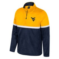 Gold and navy youth WVU half zip pullover with a Flying WV Logo lightweight rubberized print at left chest West Virginia print on zipper placket