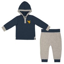 Navy and grey WVU infant sweatpants and hoodie set with a gold Flying WV on the left chest of the hoodie