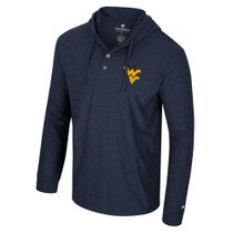 Navy WVU hooded long sleeve tee with a Flying WV Logo lightweight rubberized print at left chest