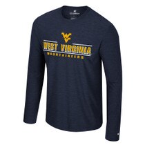 Navy WVU long sleeve tee with Flying WV Logo over West Virginia over Mountaineers lightweight rubberized full front print