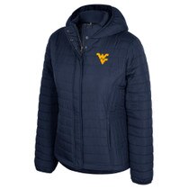 Navy WVU women's puffer jacket with gold Flying WV Logo embroidery at left chest