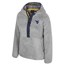 Grey WVU women's half snap flannel jacket with a Flying WV Logo embroidery at left chest and a grey flannel plaid lining