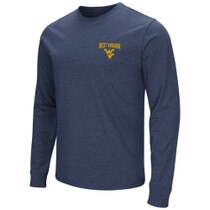 Navy WVU long sleeve tee with West Virginia flat top arch over the Flying WV Logo left chest screen print