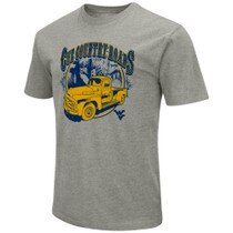 Heather grey WVU short sleeve tee with Full front Cue Country Roads screen print featuring a gold pickup truck and the Flying WV Logo