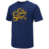 Navy WVU tee with a full front Cue Country Roads featuring the Flying WV Logo and a guitar