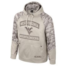 Sand and camo WVU OHT hoodie with West Virginia Mountaineers and the Flying WV full front tackle twill applique and embroidery Military flag applique above the OHT embroidered logo on the left sleeve