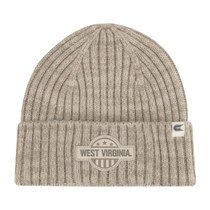 Front of a khaki WVU ribbed winter beanie with West Virginia woven patch on cuff