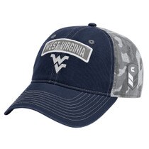 Navy and grey camo WVU OHT trucker hat with West Virginia embroidered on a heather camo patch over an embroidered Flying WV Logo on front panels