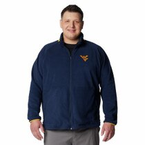 Top front view of navy Columbia WVU plus size jacket with Flying WV on left chest