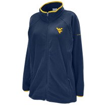 Navy WVU women's plus size fleece full zip jacket with gold embroidered Flying WV on left chest