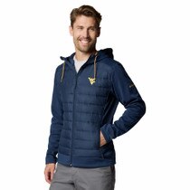 Navy Columbia WVU full zip hooded jacket with a gold Flying WV on the left chest