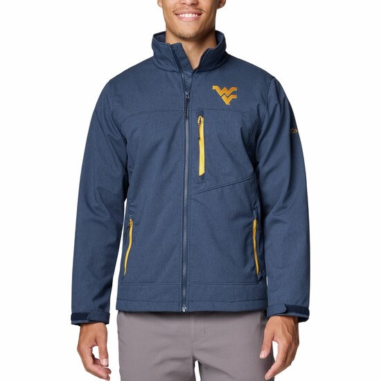 Navy Columbia WVU full zip jacket with zippered chest pocket and embroidered gold Flying WV on left chest.