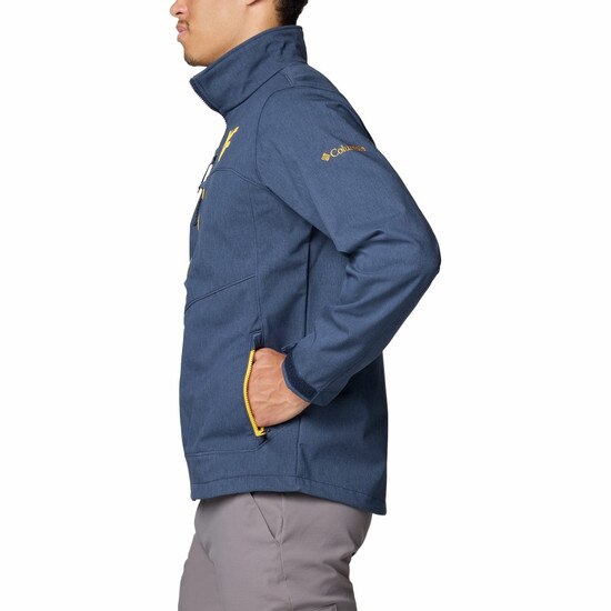 Side view of navy Columbia WVU full zip jacket with embroidered gold Flying WV on left chest.