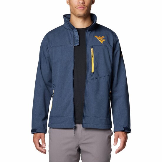 Unzipped navy Columbia WVU full zip jacket with zippered chest pocket and embroidered gold Flying WV on left chest.