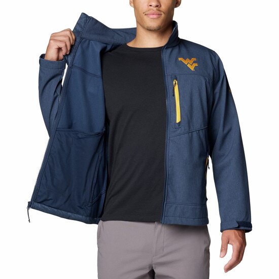 Unzipped navy Columbia WVU full zip jacket with zippered chest pocket and embroidered gold Flying WV on left chest showing the inside of the jacket..