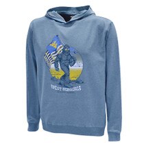 Blue WVU hoodie with the elusive Bigfoot hiking with a West Virginia University Flag as the full chest screen print graphic