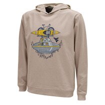 Limestone colored WVU hoodie with an Alien WVU fan piloting his spacecraft hauling his outdoor sporting equipment as the full front screen print graphic