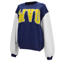 Navy WVU women's crew sweatshirt with white sleeve, navy sleeve cuffs, and a gold and white WVU graphic on chest