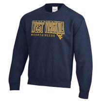 Navy WVU crew sweatshirt with a West Virginia over Mountaineers and Flying WV Logo full front screenprint